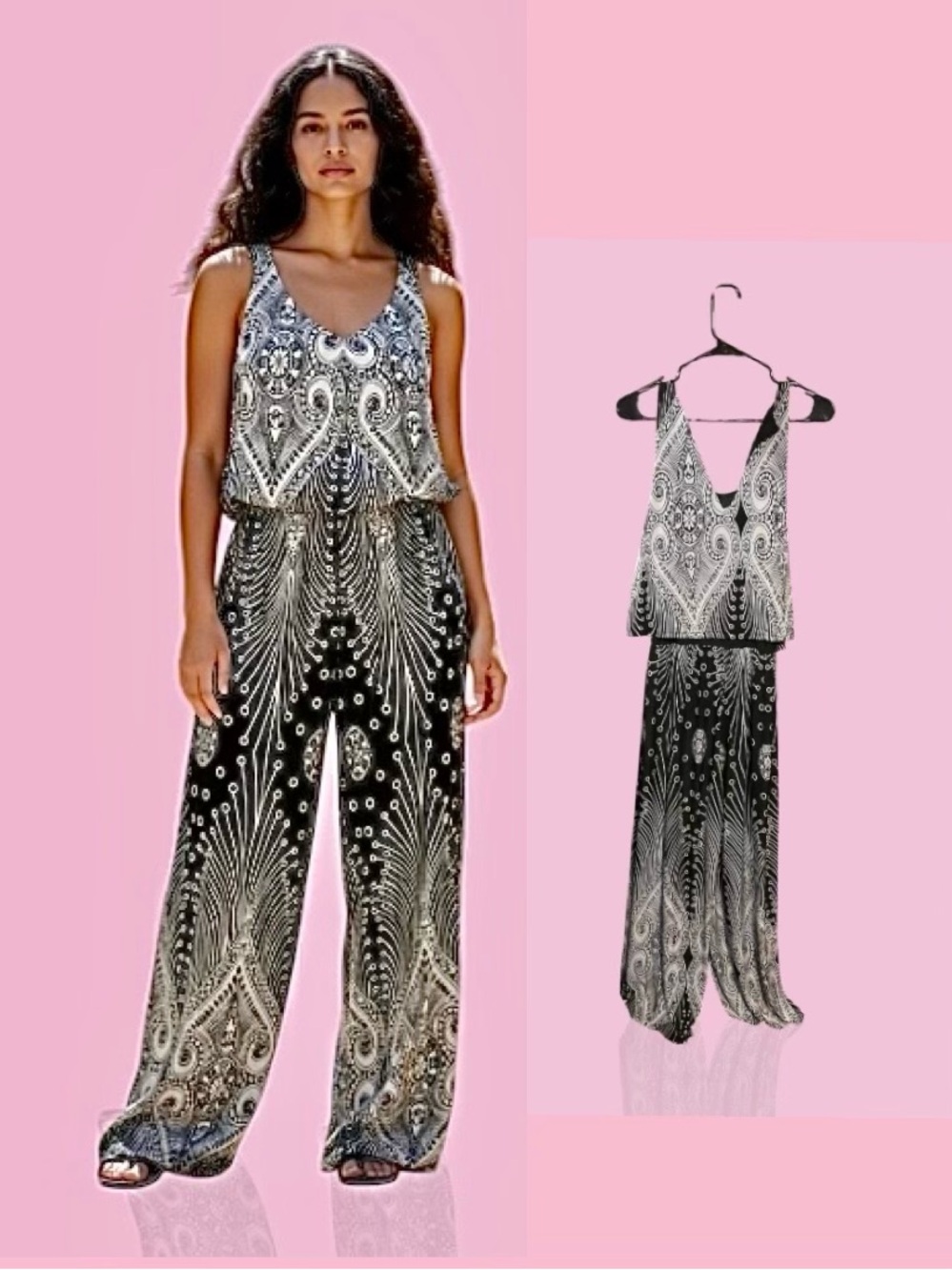 Sleeveless Black & White Printed Wide-Leg Jumpsuit length 57, pit pit 15